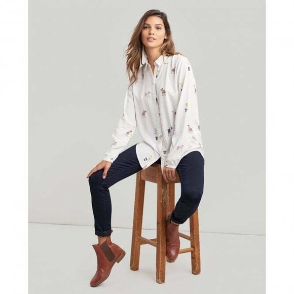 Joules Elvina Dog Print Button Up Shirt White Blouse LS Women's Size 2 H13483 - Picture 12 of 14